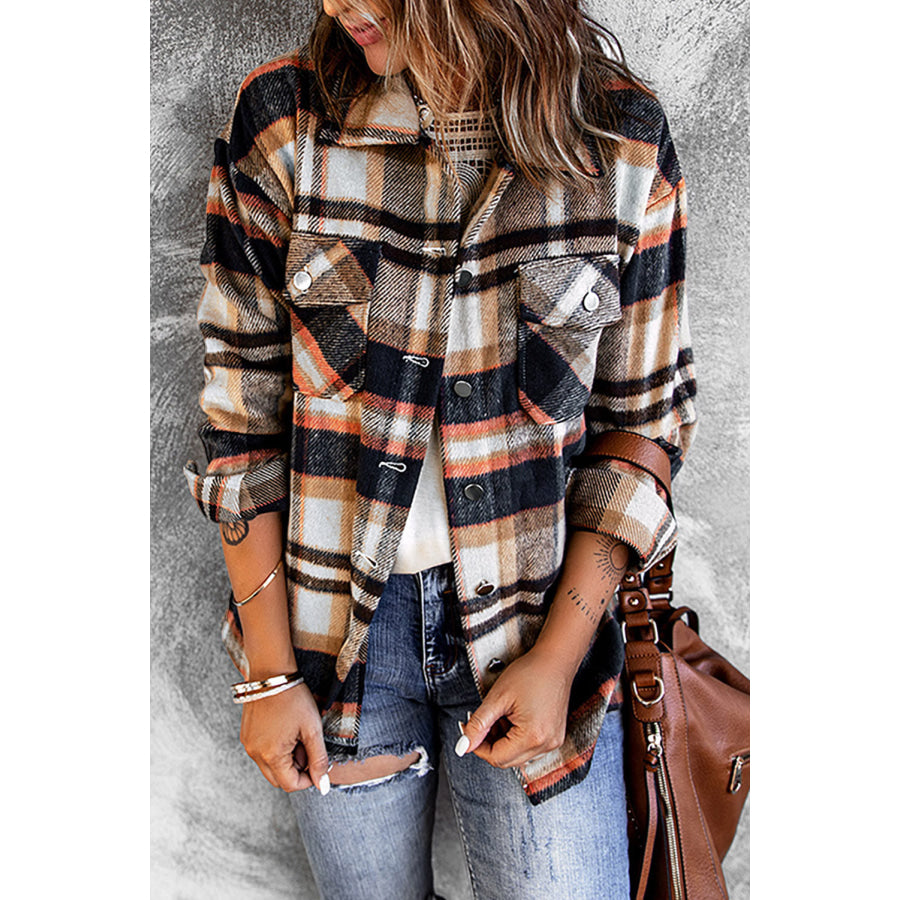 Geometric Plaid Print Pocketed Shacket Blue / S / 100% Polyester Outerwear/Plaid Shackets