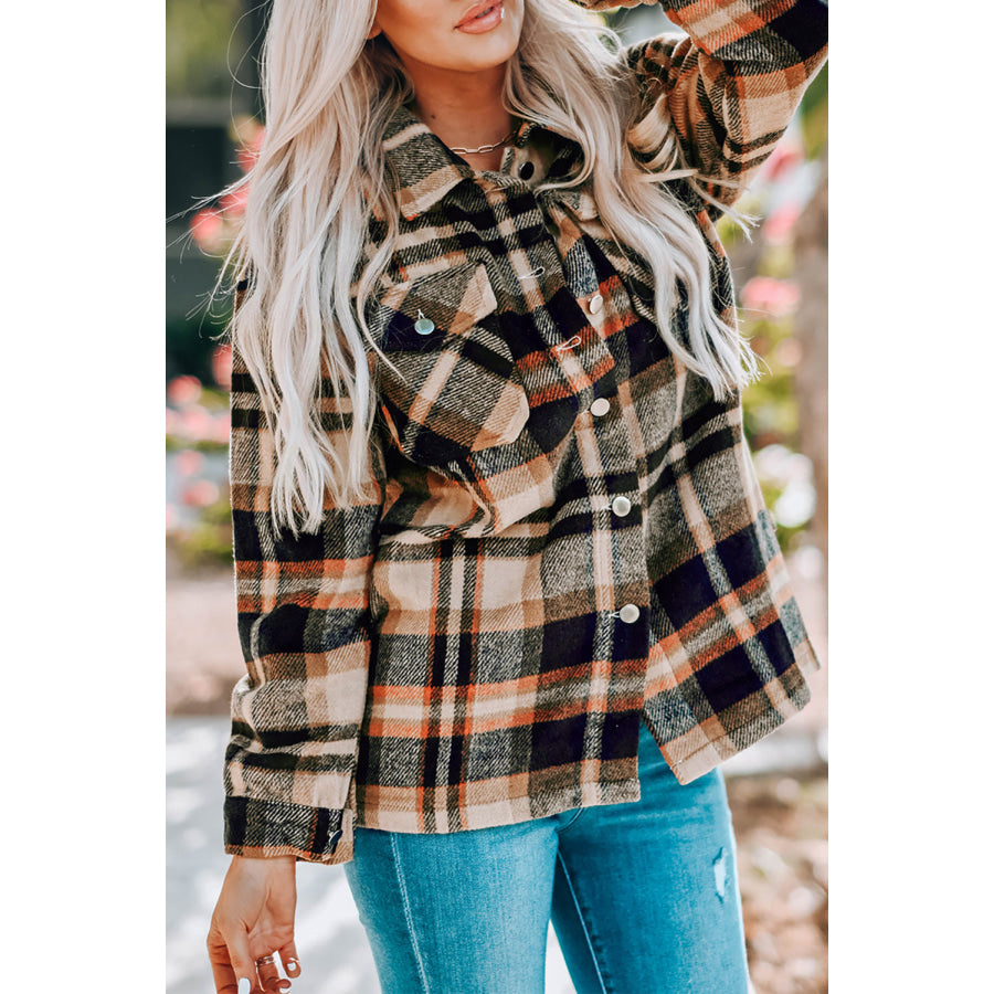 Geometric Plaid Print Pocketed Shacket Orange / S / 100% Polyester Outerwear/Plaid Shackets