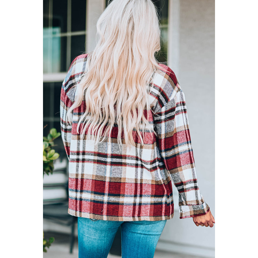 Geometric Plaid Print Pocketed Shacket Outerwear/Plaid Shackets