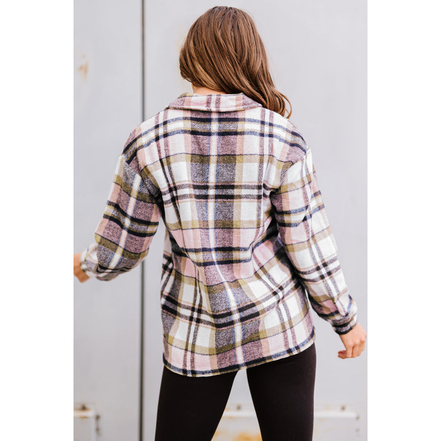 Geometric Plaid Print Pocketed Shacket Outerwear/Plaid Shackets