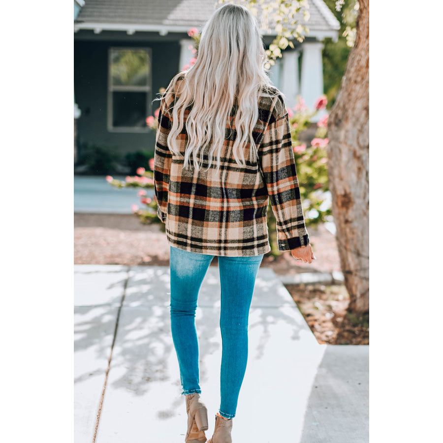 Geometric Plaid Print Pocketed Shacket Outerwear/Plaid Shackets