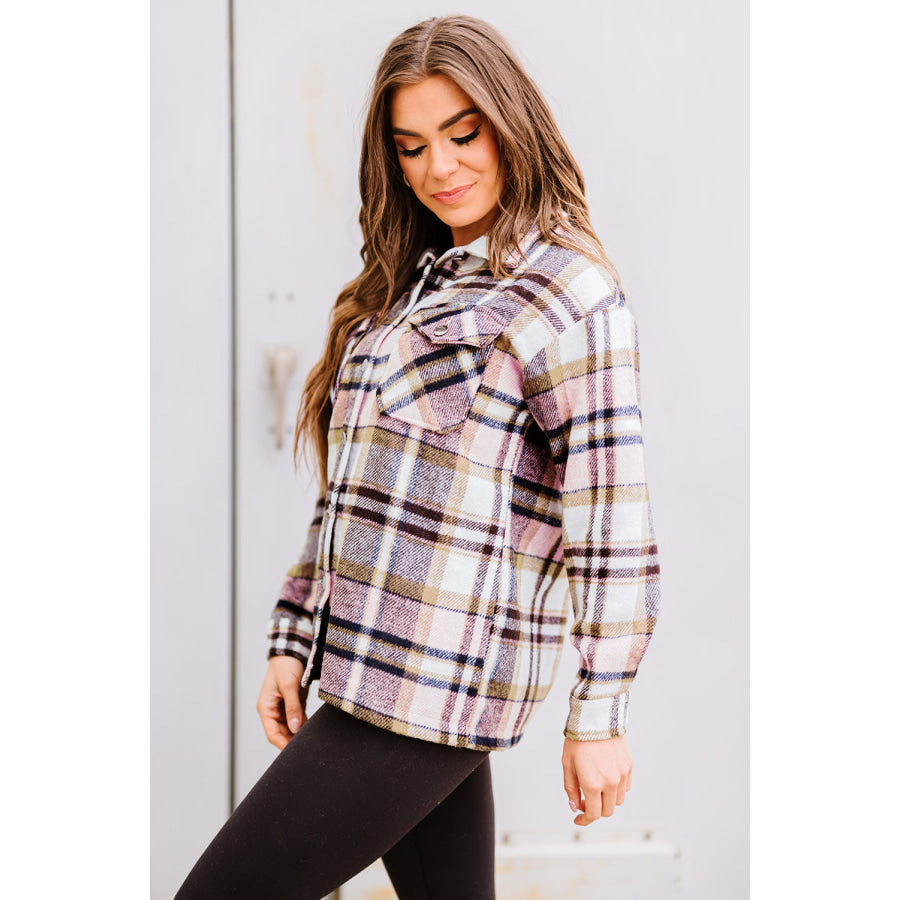 Geometric Plaid Print Pocketed Shacket Outerwear/Plaid Shackets