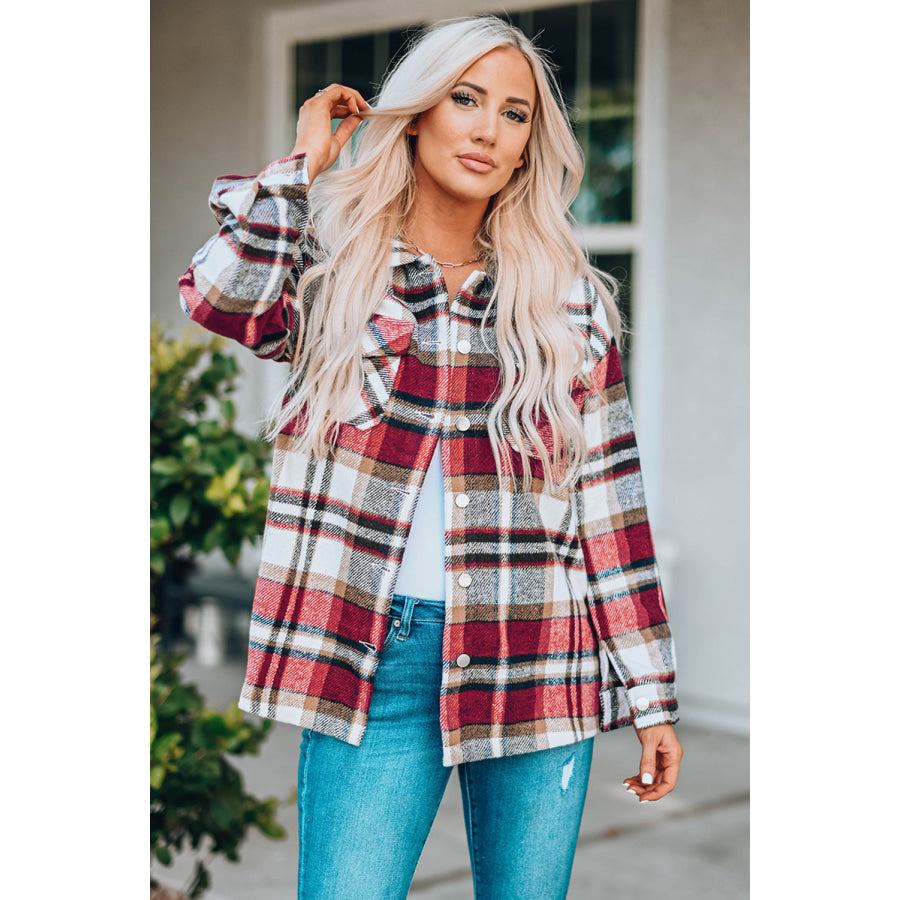 Geometric Plaid Print Pocketed Shacket Outerwear/Plaid Shackets