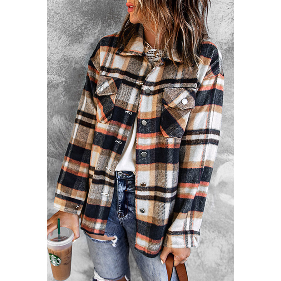 Geometric Plaid Print Pocketed Shacket Outerwear/Plaid Shackets