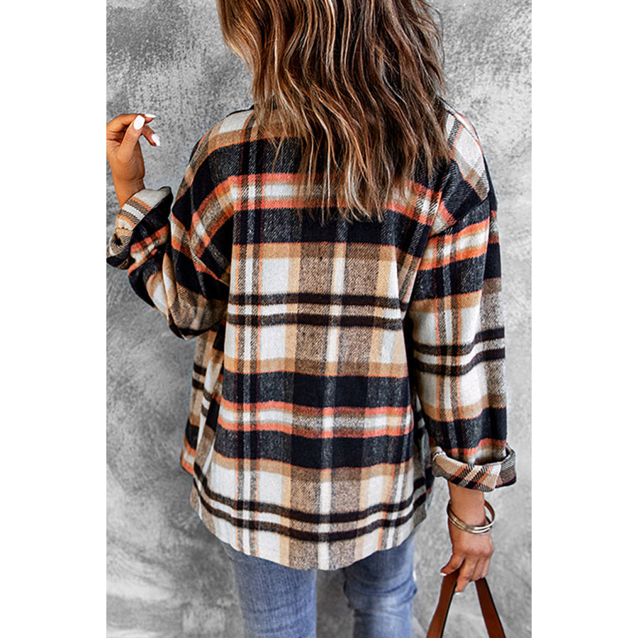 Geometric Plaid Print Pocketed Shacket Blue / S / 100% Polyester Outerwear/Plaid Shackets
