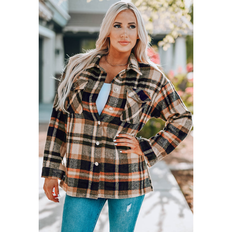 Geometric Plaid Print Pocketed Shacket Outerwear/Plaid Shackets