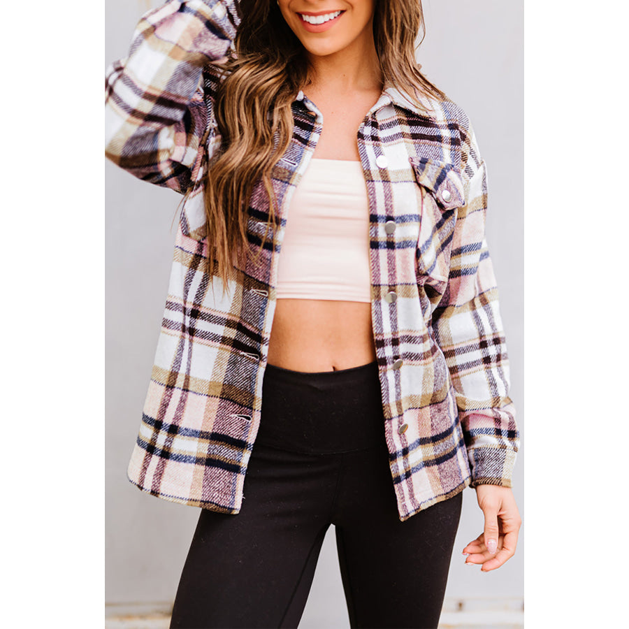 Geometric Plaid Print Pocketed Shacket Pink / S / 100% Polyester Outerwear/Plaid Shackets