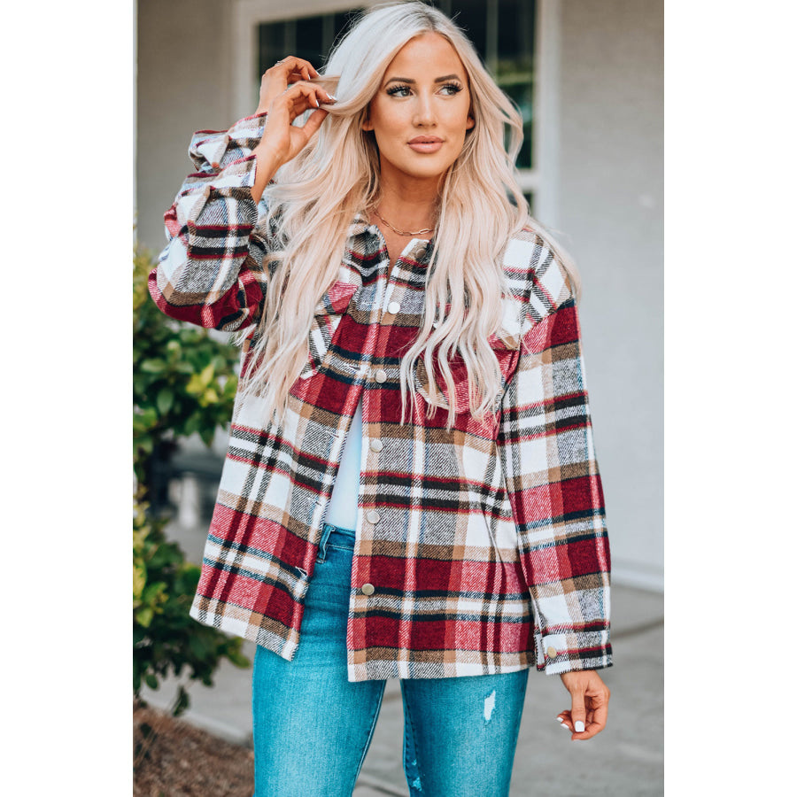 Geometric Plaid Print Pocketed Shacket Red / S / 100% Polyester Outerwear/Plaid Shackets