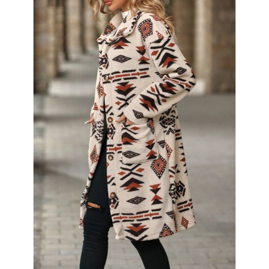 Geometric Pocketed Dropped Shoulder Coat Apparel and Accessories