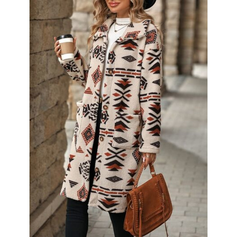 Geometric Pocketed Dropped Shoulder Coat Apparel and Accessories