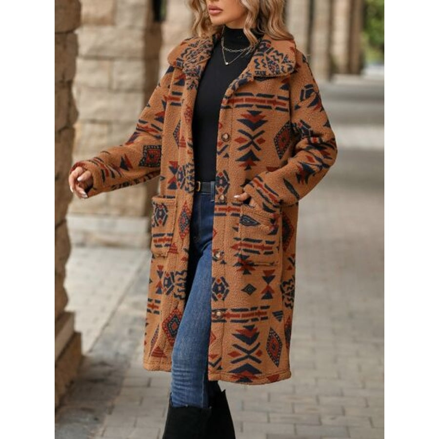 Geometric Pocketed Dropped Shoulder Coat Apparel and Accessories