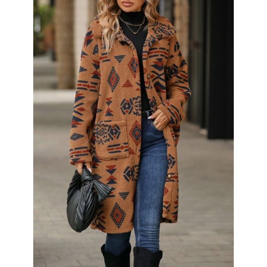 Geometric Pocketed Dropped Shoulder Coat Caramel / S Apparel and Accessories