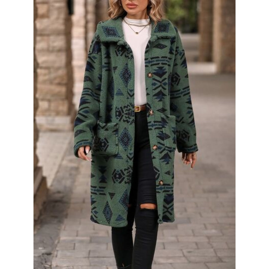 Geometric Pocketed Dropped Shoulder Coat Sage / S Apparel and Accessories