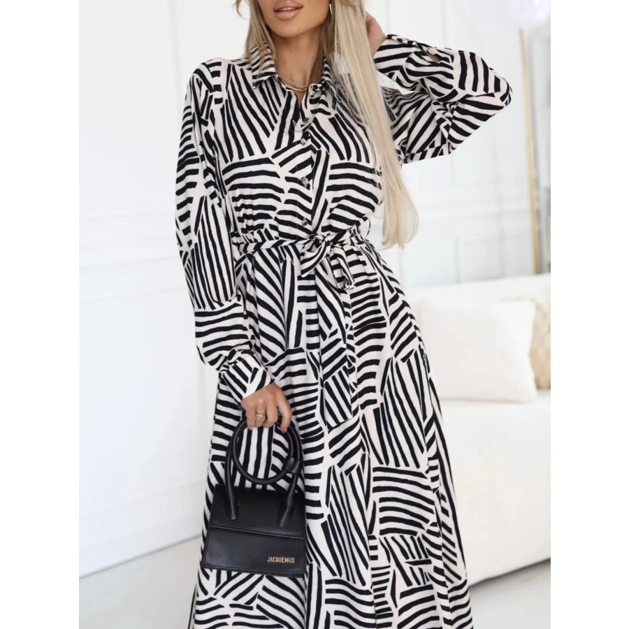 Geometric Print Belted Maxi Shirt Dress Apparel and Accessories