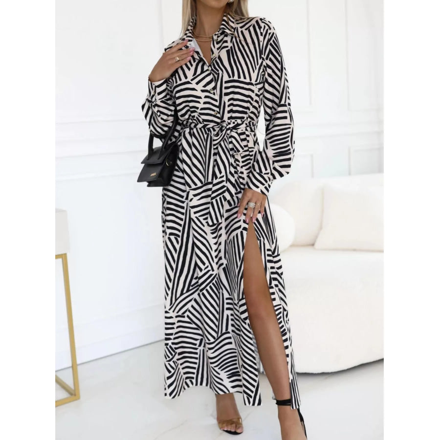 Geometric Print Belted Maxi Shirt Dress Apparel and Accessories