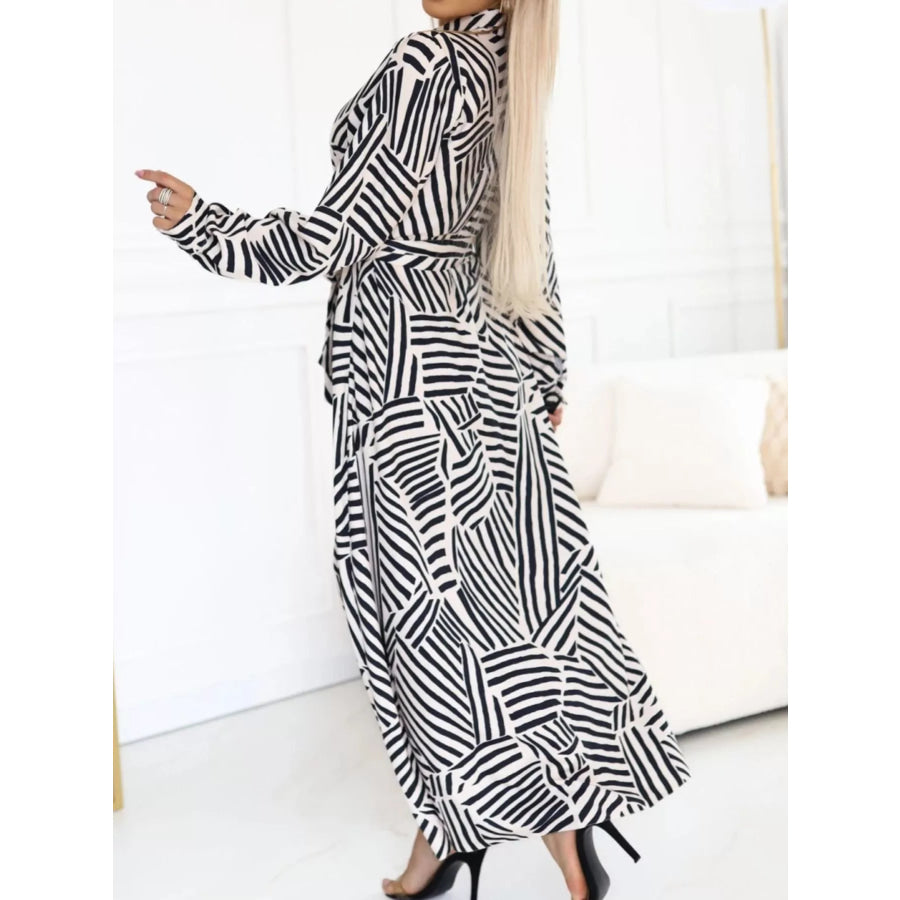 Geometric Print Belted Maxi Shirt Dress Apparel and Accessories
