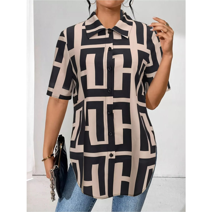 Geometric Print Button-Down Short Sleeve Shirt Black / S Apparel and Accessories