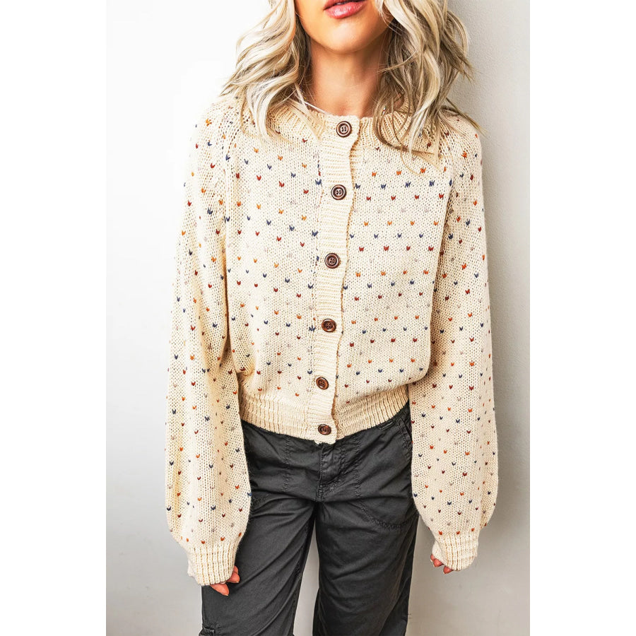 Geometric Print Button Front Long Sleeve Cardigan Beige / S Apparel and Accessories