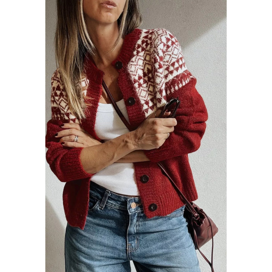 Geometric Print Button Front Long Sleeve Knitwear Cardigan Apparel and Accessories