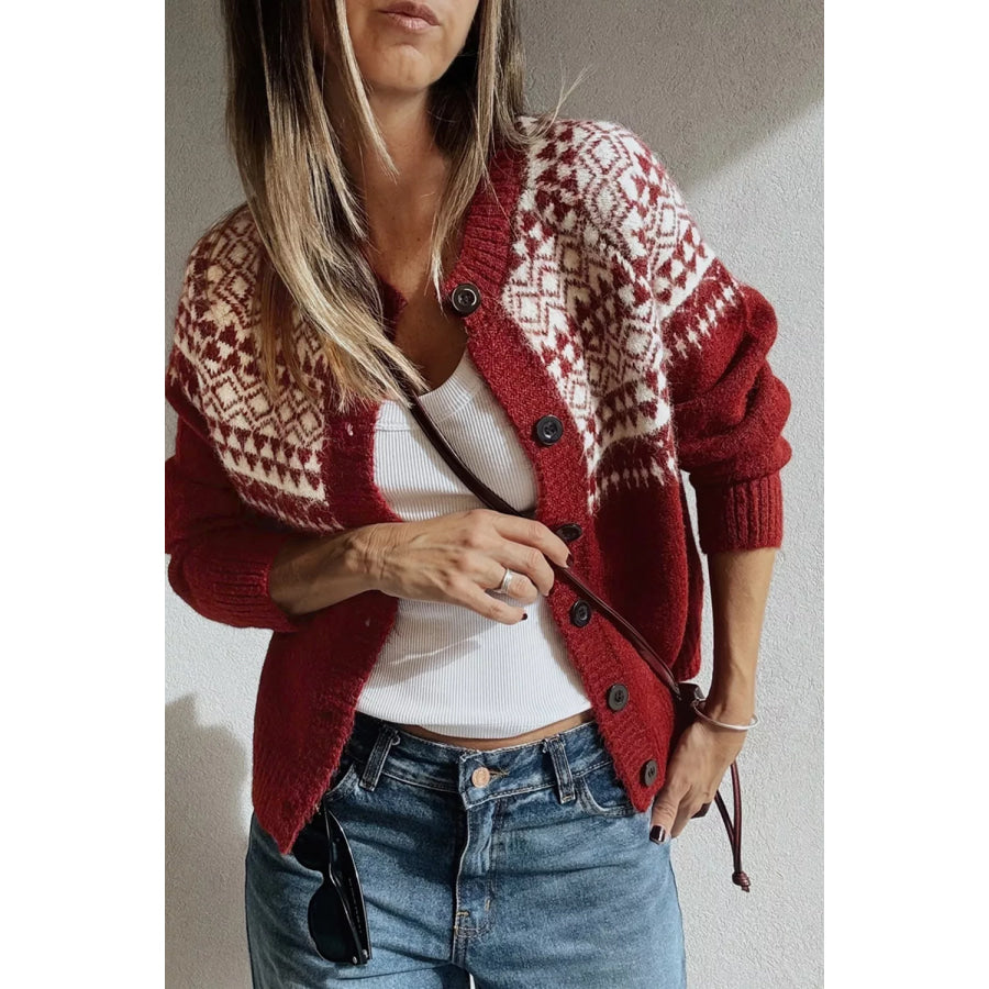 Geometric Print Button Front Long Sleeve Knitwear Cardigan Apparel and Accessories