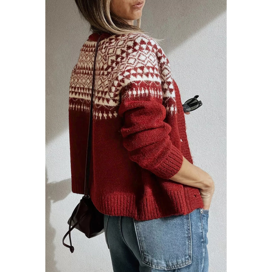 Geometric Print Button Front Long Sleeve Knitwear Cardigan Apparel and Accessories