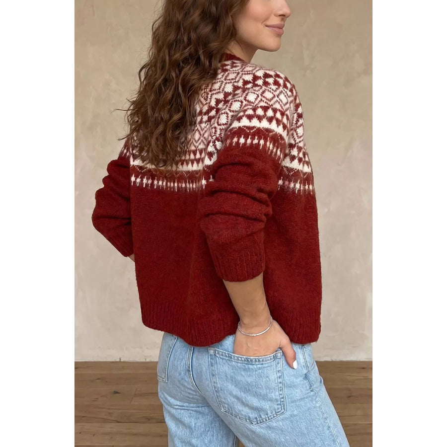 Geometric Print Button Front Long Sleeve Knitwear Cardigan Apparel and Accessories