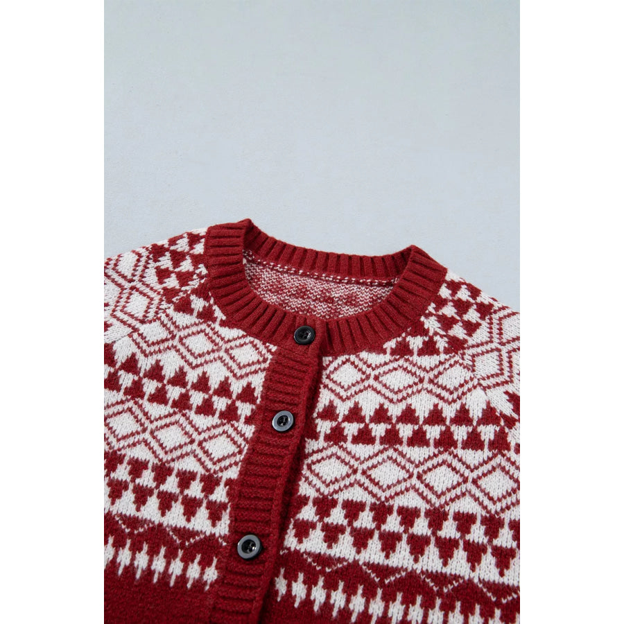 Geometric Print Button Front Long Sleeve Knitwear Cardigan Apparel and Accessories
