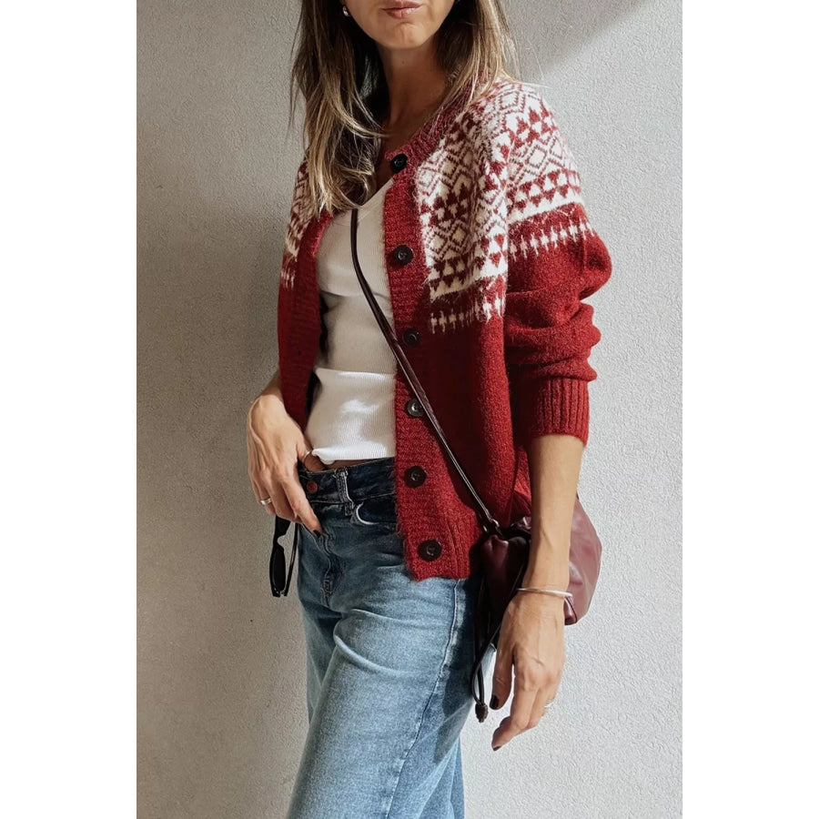 Geometric Print Button Front Long Sleeve Knitwear Cardigan Apparel and Accessories