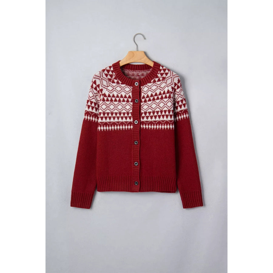 Geometric Print Button Front Long Sleeve Knitwear Cardigan Apparel and Accessories