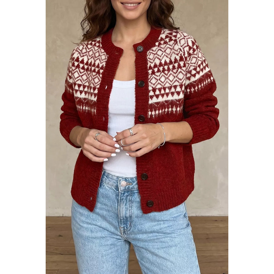 Geometric Print Button Front Long Sleeve Knitwear Cardigan Burgundy / S Apparel and Accessories