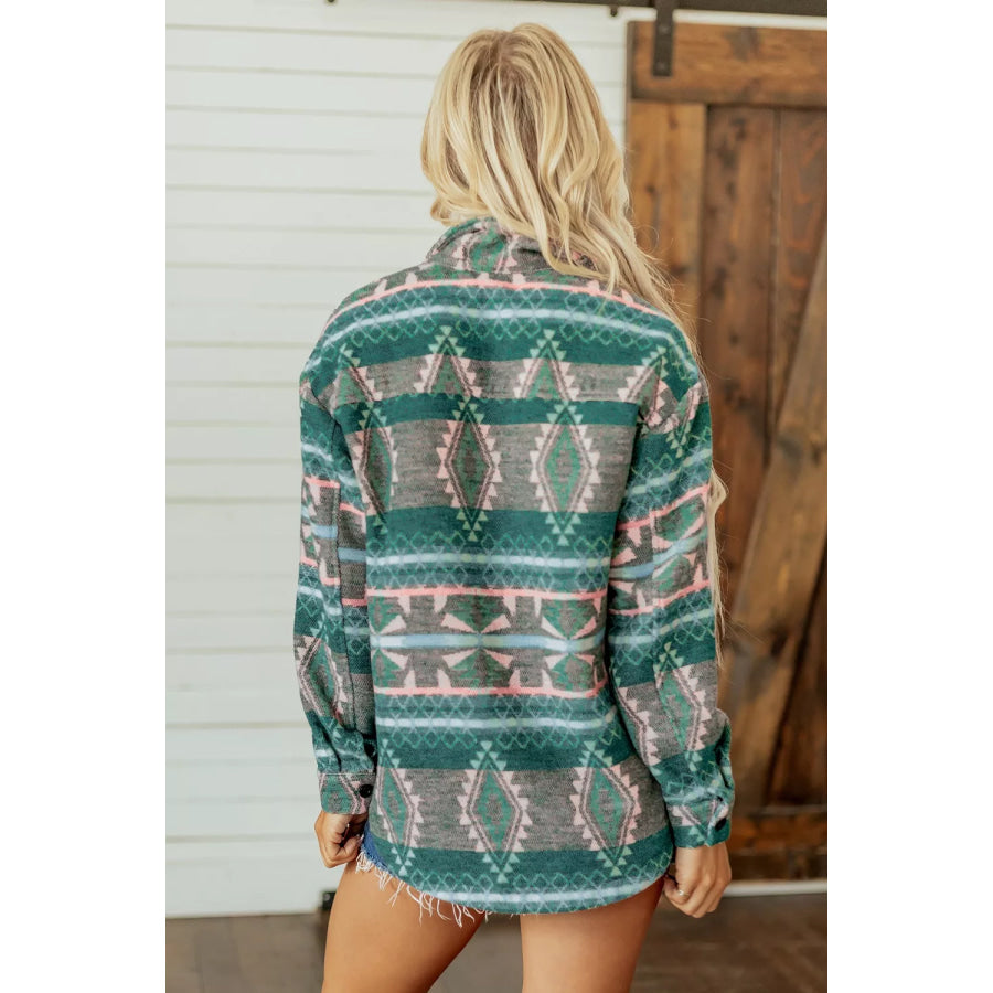 Geometric Print Button Front Long Sleeve Shacket Apparel and Accessories