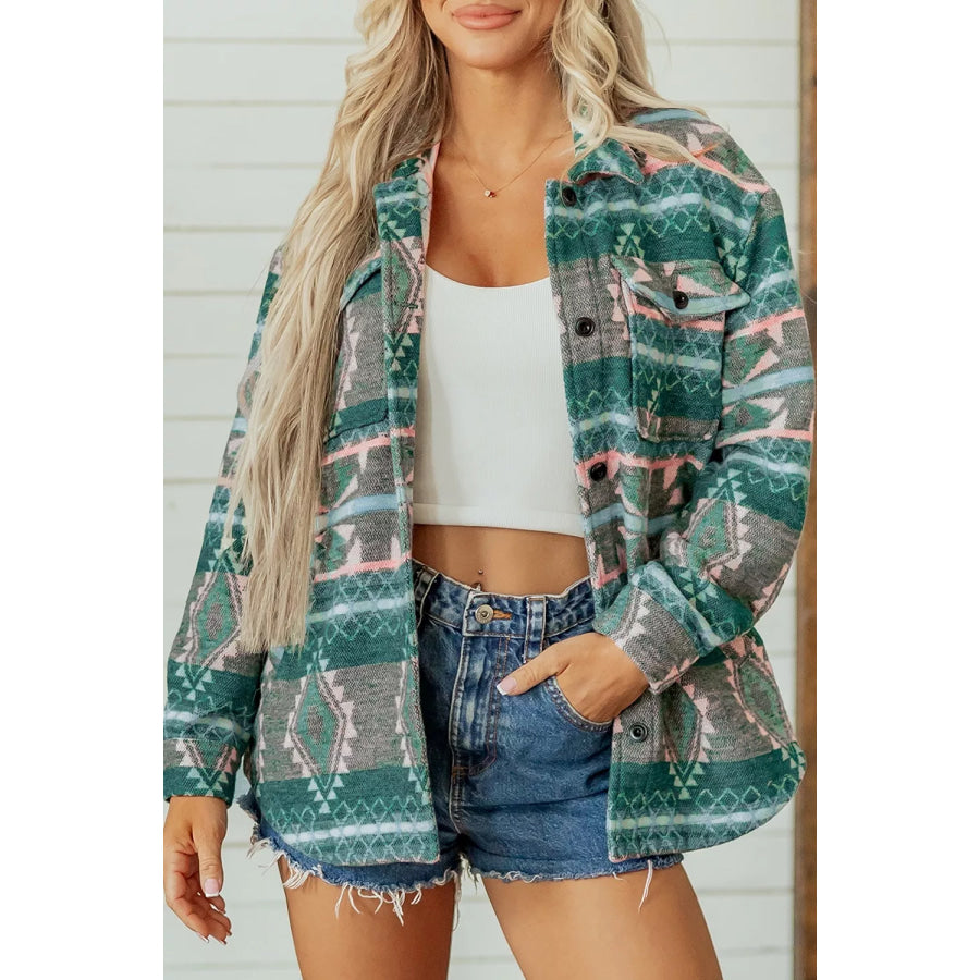 Geometric Print Button Front Long Sleeve Shacket Apparel and Accessories