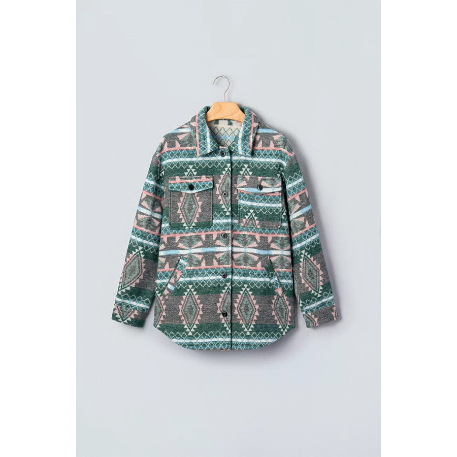 Geometric Print Button Front Long Sleeve Shacket Apparel and Accessories