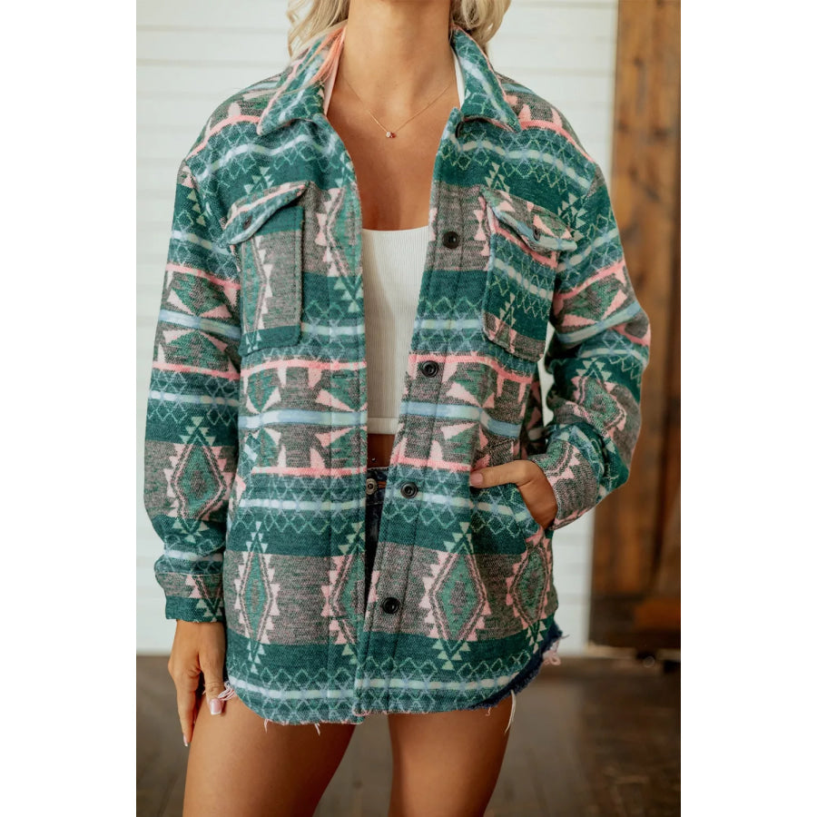 Geometric Print Button Front Long Sleeve Shacket Apparel and Accessories