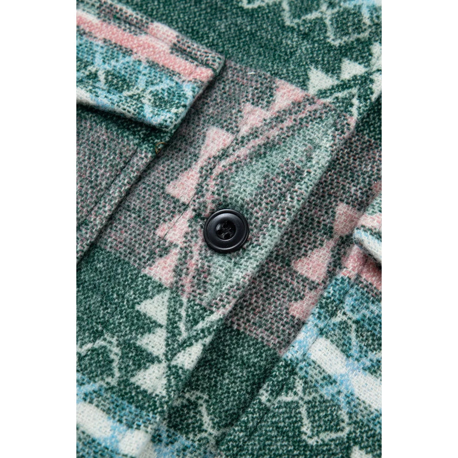 Geometric Print Button Front Long Sleeve Shacket Apparel and Accessories