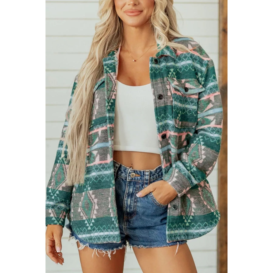 Geometric Print Button Front Long Sleeve Shacket Apparel and Accessories