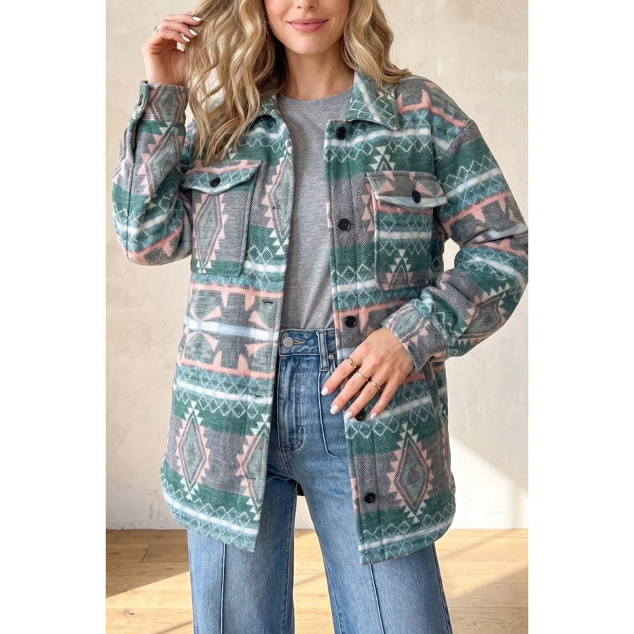 Geometric Print Button Front Long Sleeve Shacket Apparel and Accessories