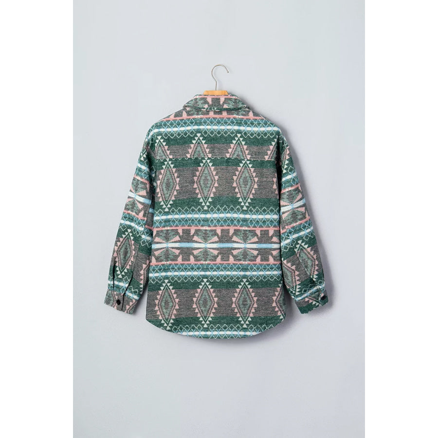 Geometric Print Button Front Long Sleeve Shacket Apparel and Accessories