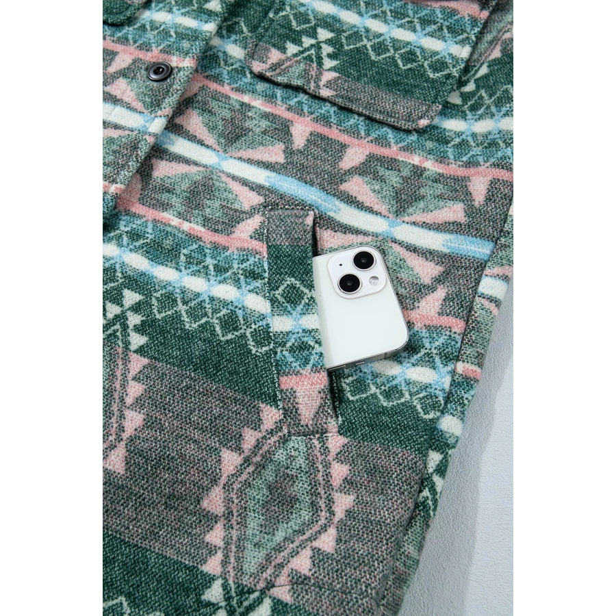 Geometric Print Button Front Long Sleeve Shacket Apparel and Accessories