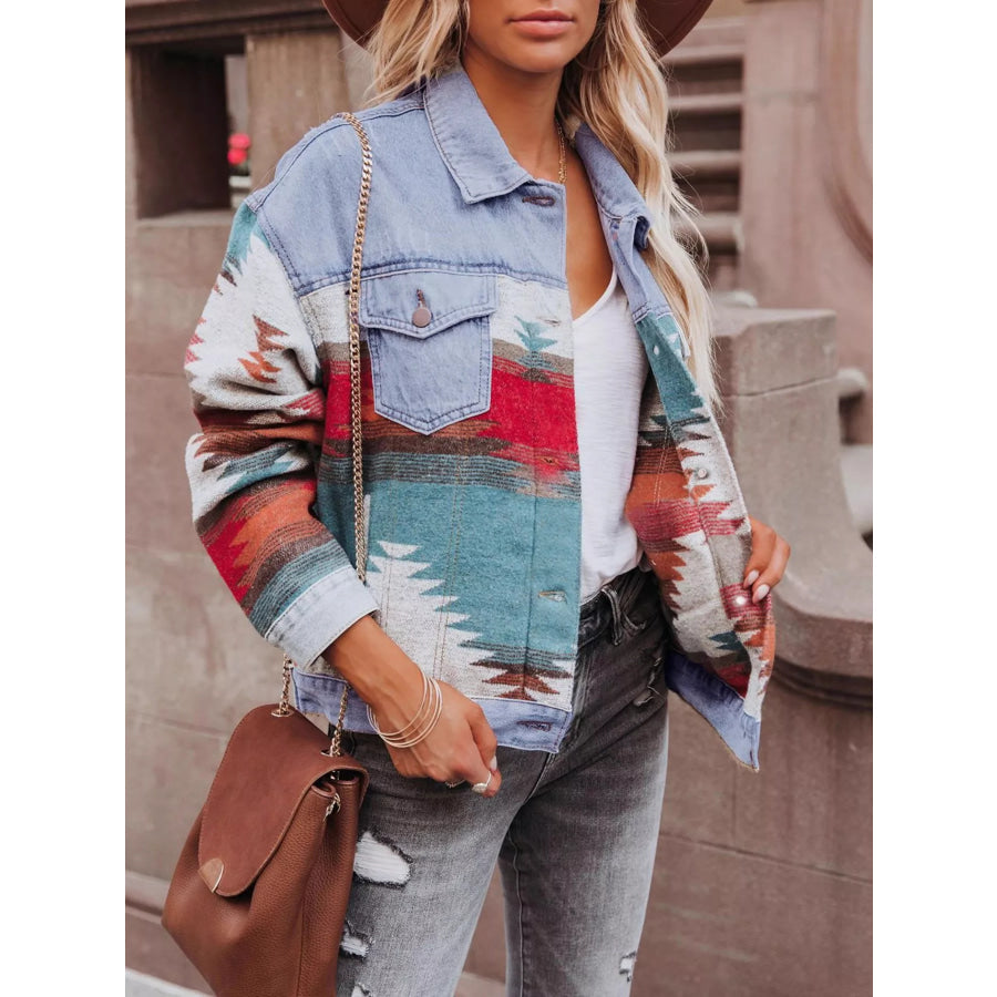 Geometric Print Denim Jacket Apparel and Accessories
