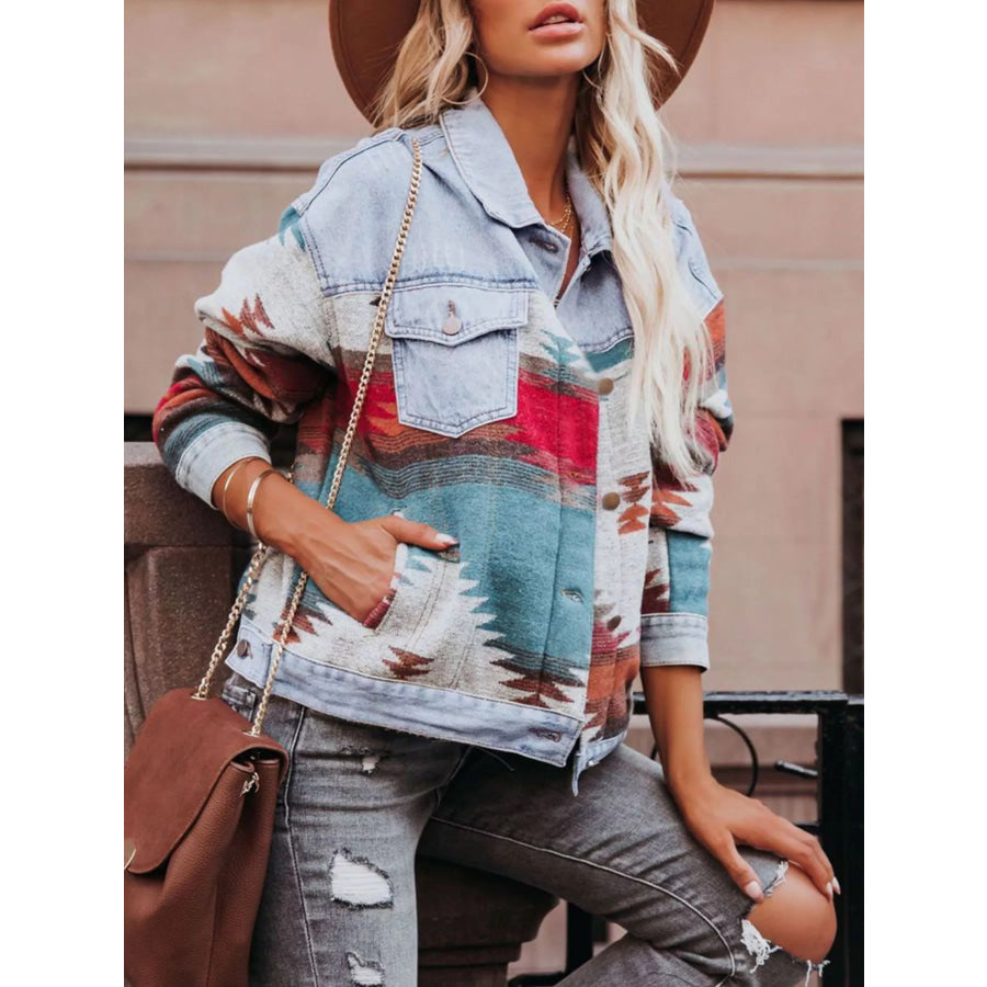 Geometric Print Denim Jacket Apparel and Accessories