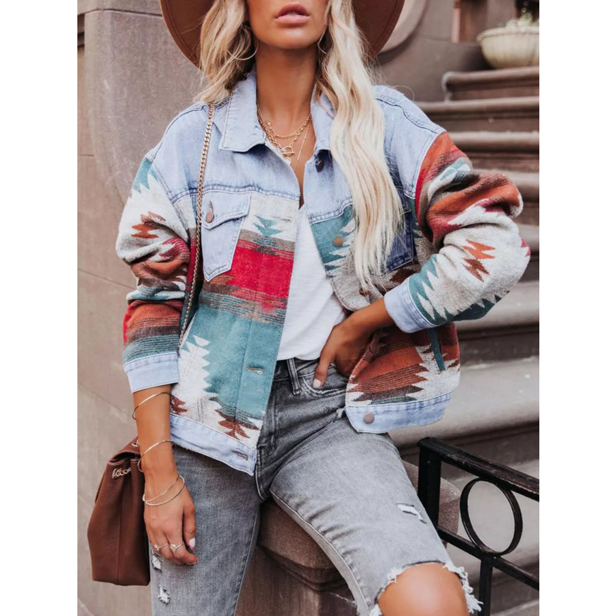 Geometric Print Denim Jacket Blue / S Apparel and Accessories