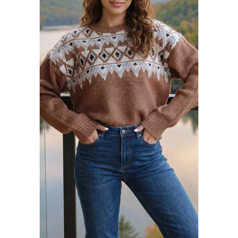 Geometric Print Drop Shoulder Casual Pullover Sweater Caramel / S Apparel and Accessories