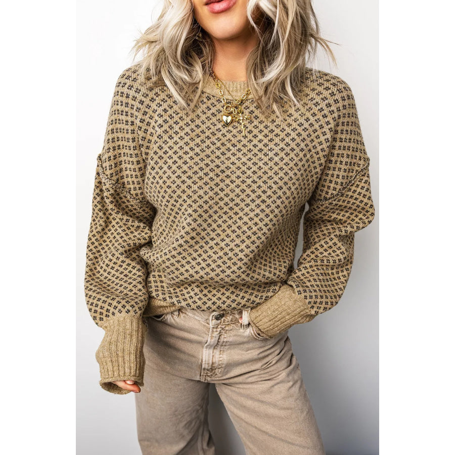 Geometric Print Drop Shoulder Round Neck Long Sleeve Sweater Apparel and Accessories