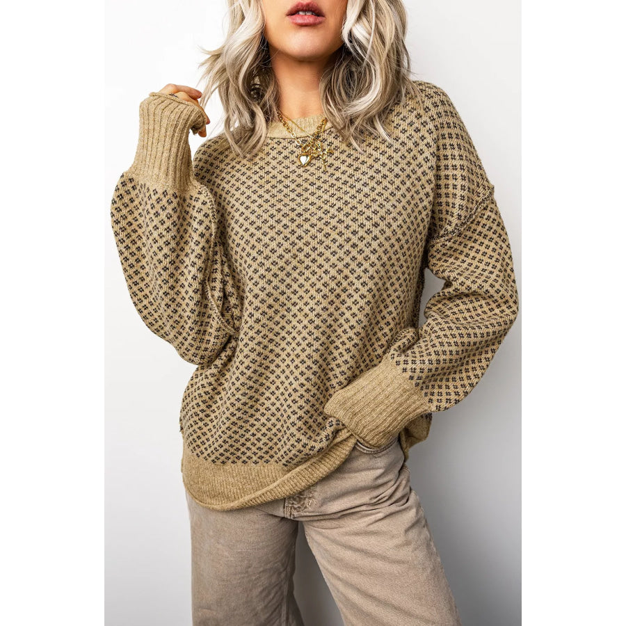 Geometric Print Drop Shoulder Round Neck Long Sleeve Sweater Apparel and Accessories
