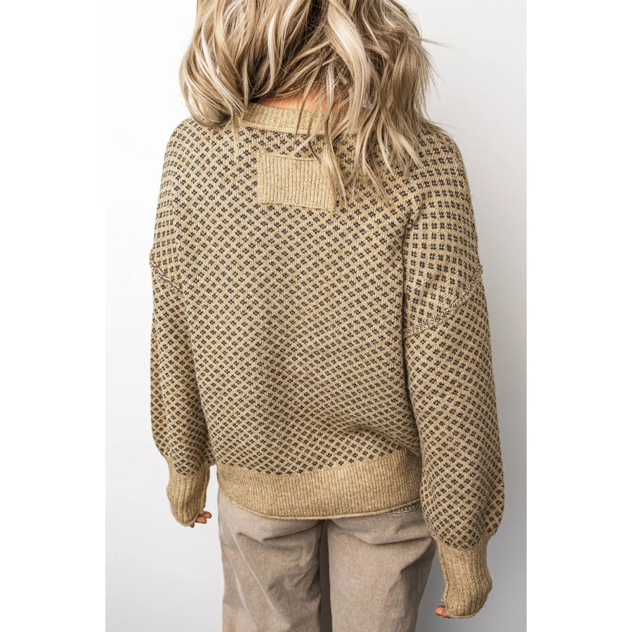 Geometric Print Drop Shoulder Round Neck Long Sleeve Sweater Apparel and Accessories