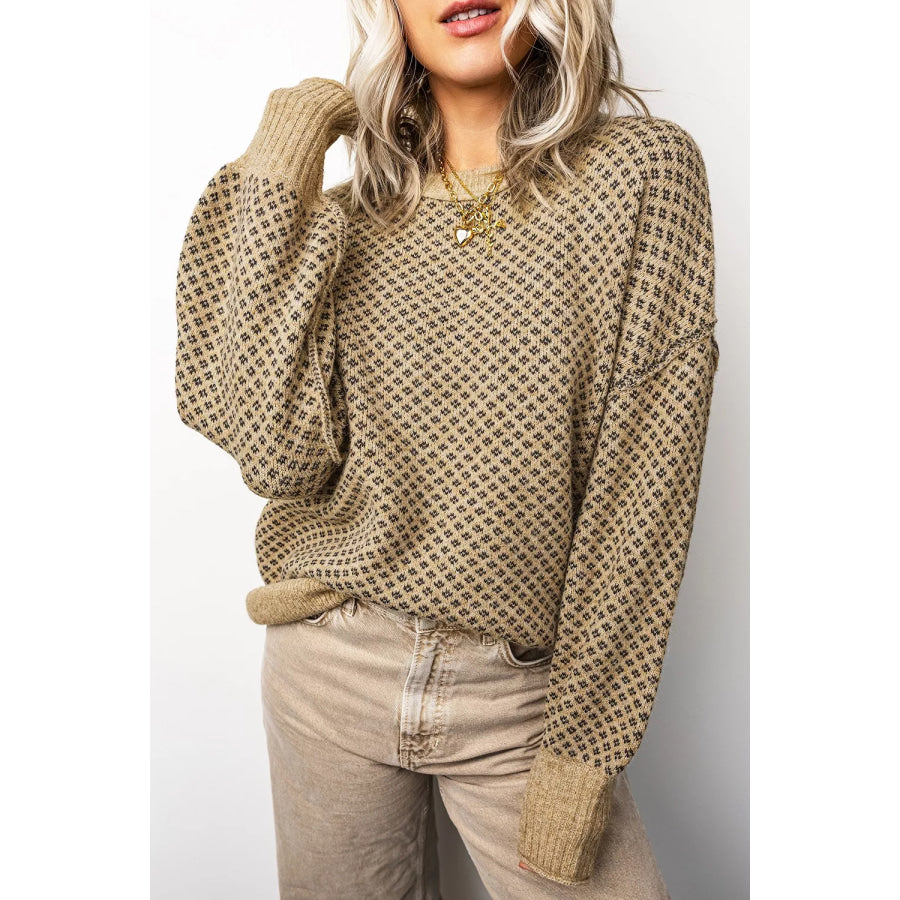 Geometric Print Drop Shoulder Round Neck Long Sleeve Sweater Apparel and Accessories