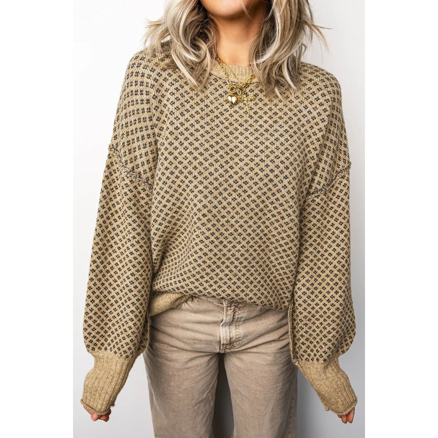 Geometric Print Drop Shoulder Round Neck Long Sleeve Sweater Mocha / S Apparel and Accessories