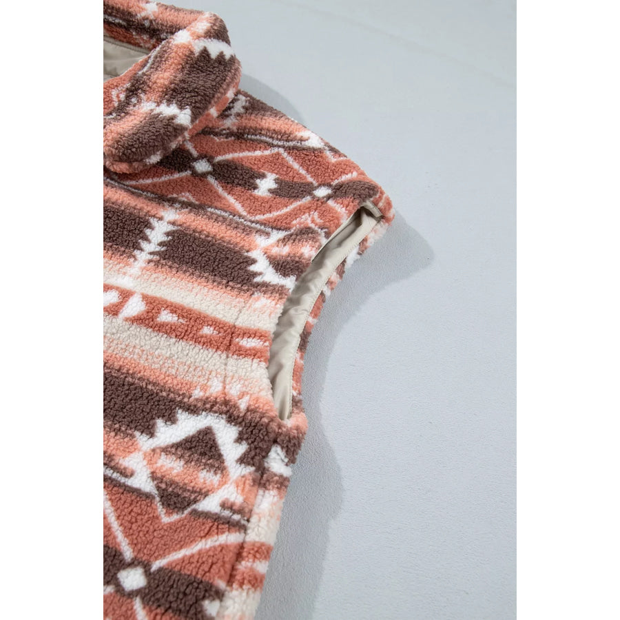 Geometric Print Fleece Metal Button Placket Shift Silhouette Vest Apparel and Accessories
