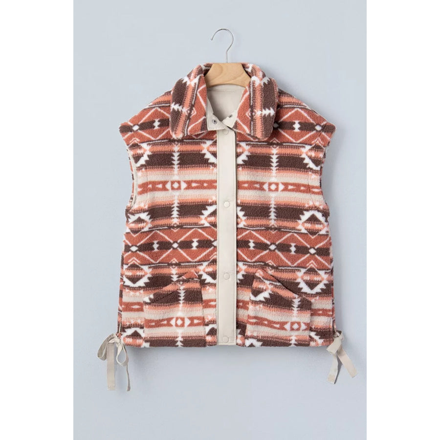 Geometric Print Fleece Metal Button Placket Shift Silhouette Vest Apparel and Accessories